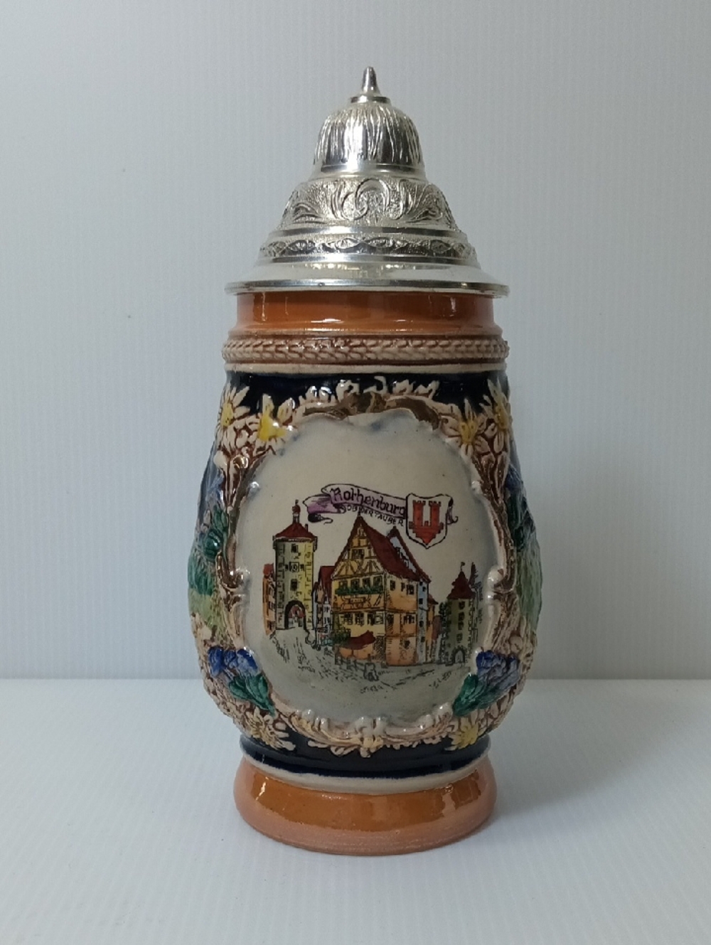 Decorative Ceramic Beer Stein in Brown and Blue